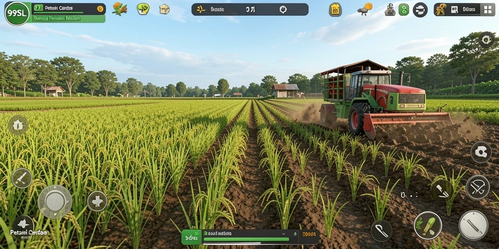 Screenshot 99SL menampilkan petani mengelola ladang yang subur.