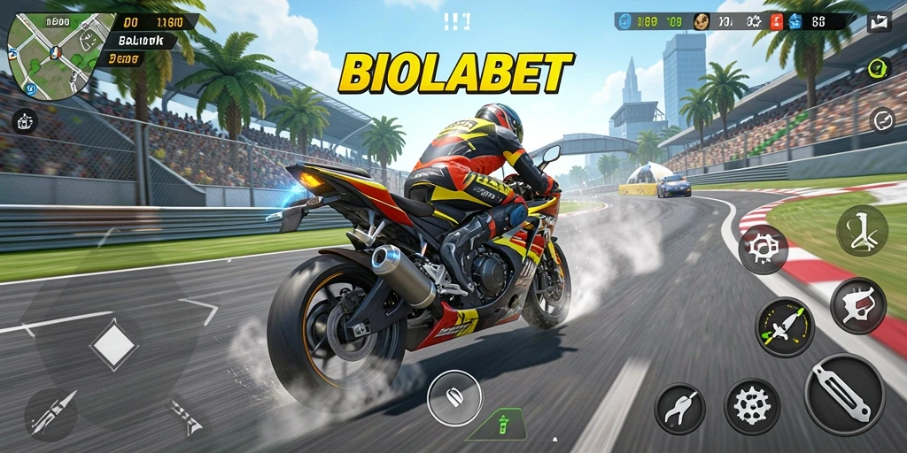 Tampilan gameplay seru di BIOLABET dengan balapan motor yang menegangkan.