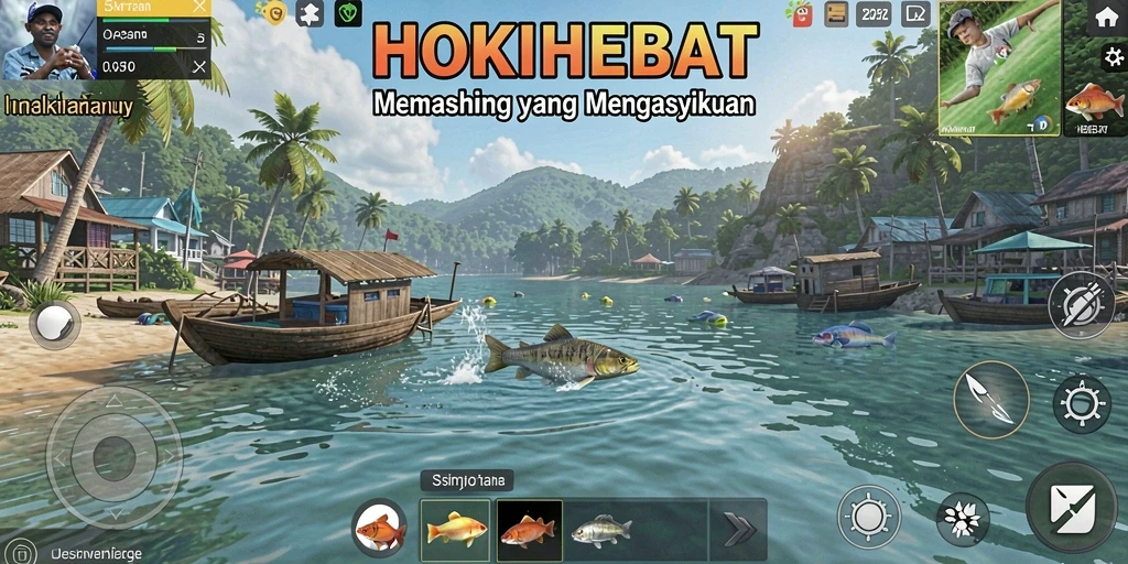 Tampilan gameplay HOKIHEBAT yang memukau dengan suasana memancing.
