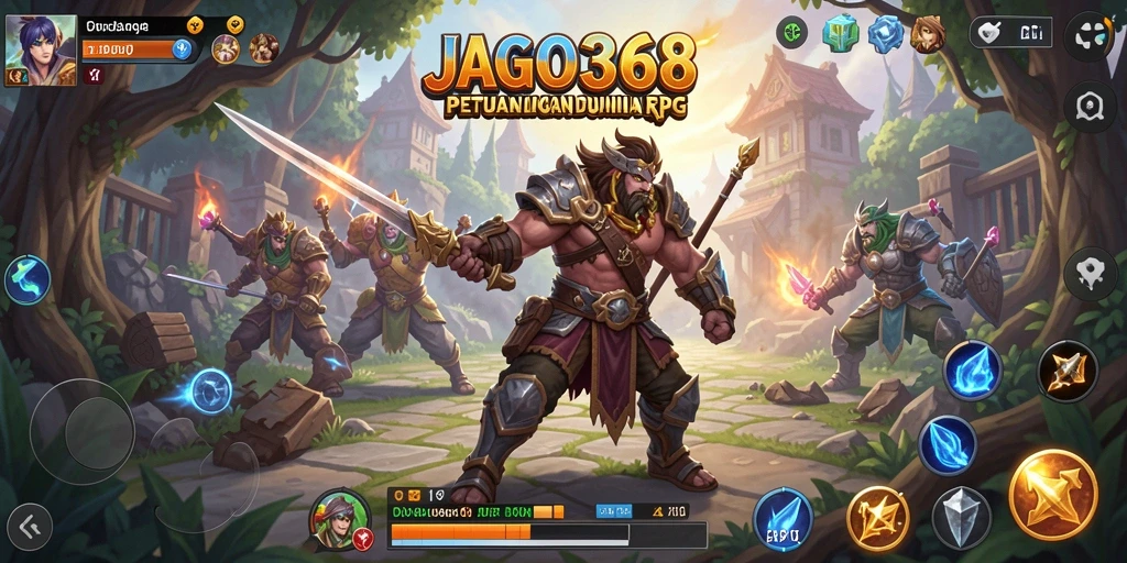 Tampilan screenshot JAGO368 yang menunjukkan aksi pertarungan epik dan dunia RPG yang luas.