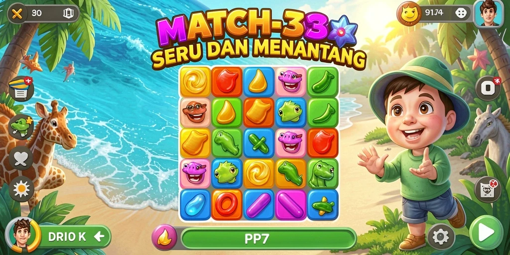 Gameplay seru dalam PP7 Match-3 yang penuh warna.