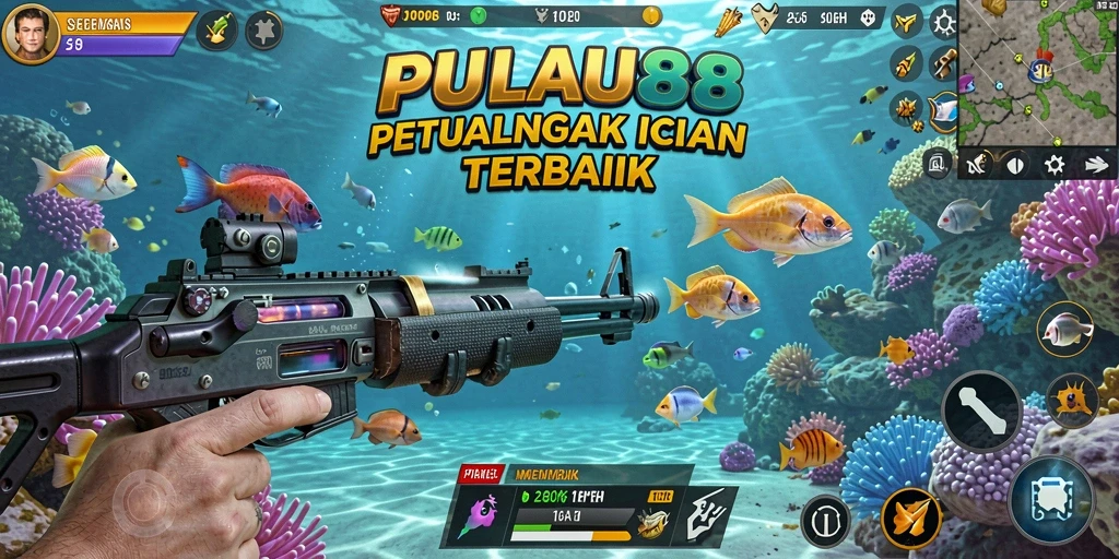 Gameplay seru PULAU88 saat menangkap ikan dengan senjata.